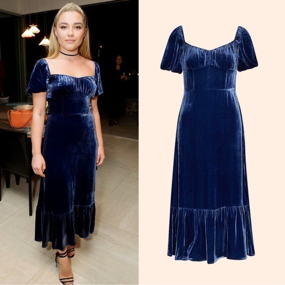 Reformation • Suzanne Dress blue silk velvet Danube midi puff sleeve ruffle hem